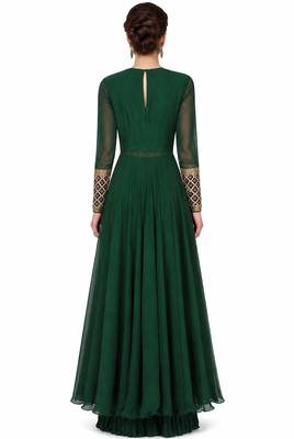 Emerald green georgette full sleeve embroidered gown 2