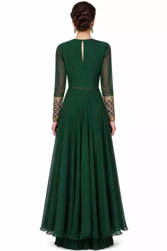Emerald green georgette full sleeve embroidered gown