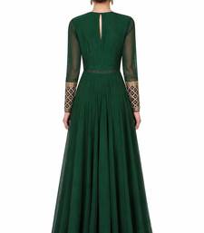 Emerald green georgette full sleeve embroidered gown