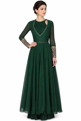 Emerald green georgette full sleeve embroidered gown 1