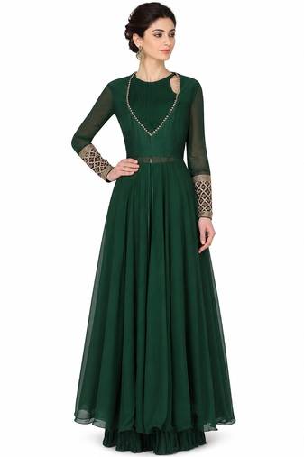 Emerald green georgette full sleeve embroidered gown