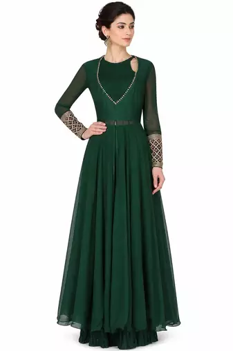 Emerald green georgette full sleeve embroidered gown