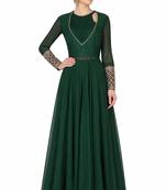 Emerald green georgette full sleeve embroidered gown