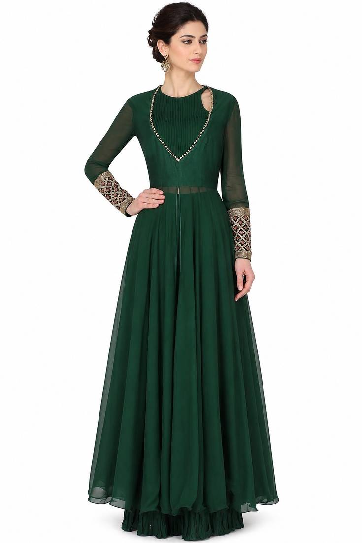 Emerald green georgette full sleeve embroidered gown