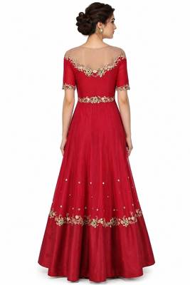 Red georgette short sleeve embroidered gown 2