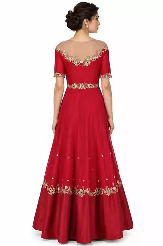 Red georgette short sleeve embroidered gown