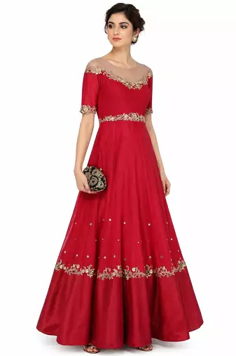 Red georgette short sleeve embroidered gown