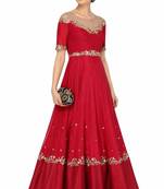 Red georgette short sleeve embroidered gown
