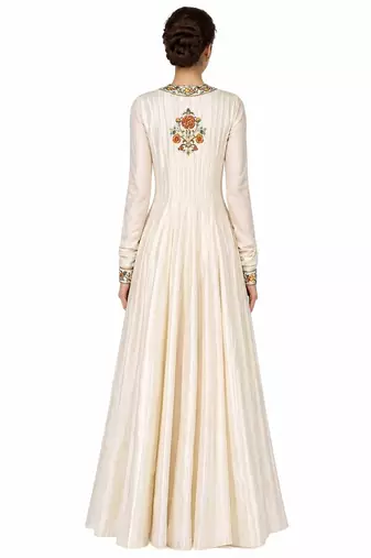 Off-white silk long sleeve embroidered gown