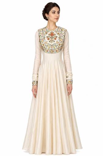 Off-white silk long sleeve embroidered gown