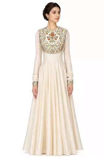 Off-white silk long sleeve embroidered gown