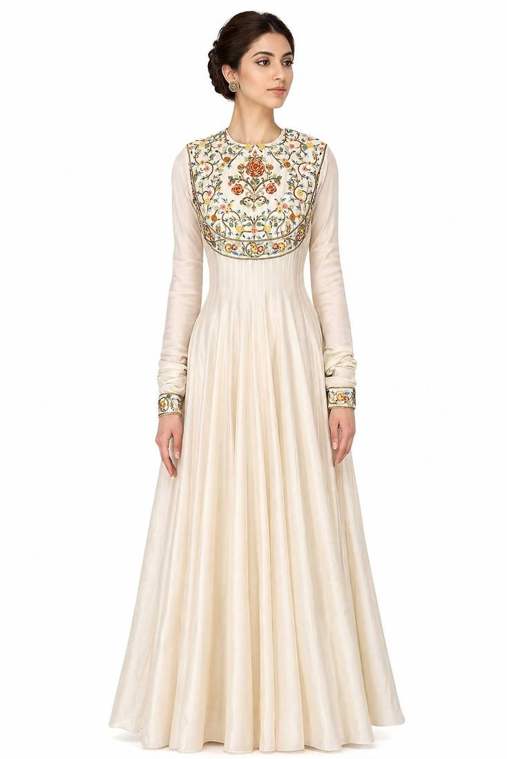 Off-white silk long sleeve embroidered gown