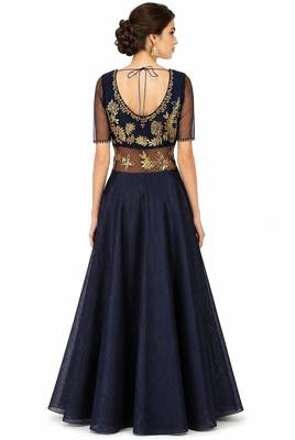 Navy blue silk half sleeve embroidered gown 2