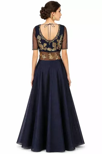 Navy blue silk half sleeve embroidered gown