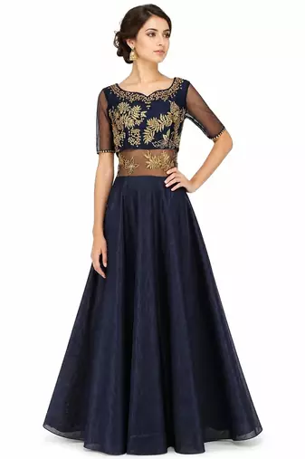 Navy blue silk half sleeve embroidered gown