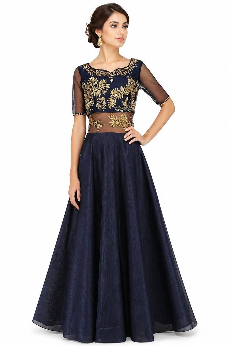 Navy blue silk half sleeve embroidered gown