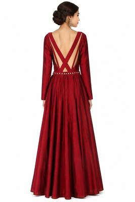 Maroon  silk full sleeve embroidered gown 2