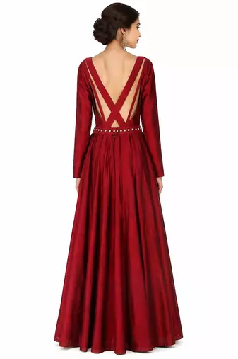 Maroon  silk full sleeve embroidered gown