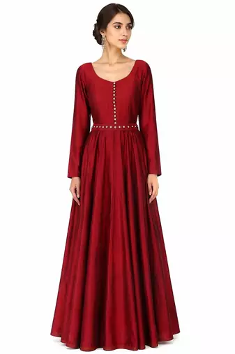 Maroon  silk full sleeve embroidered gown