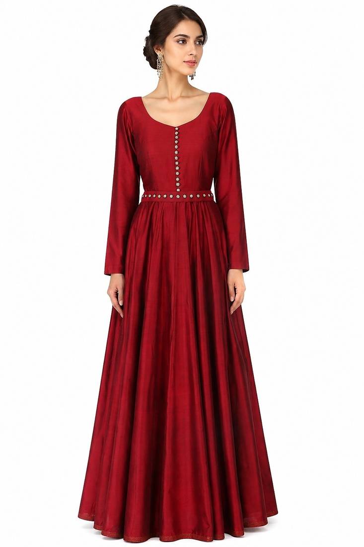 Maroon  silk full sleeve embroidered gown