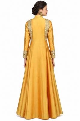 Mustard silk full sleeve embroidered gown 2