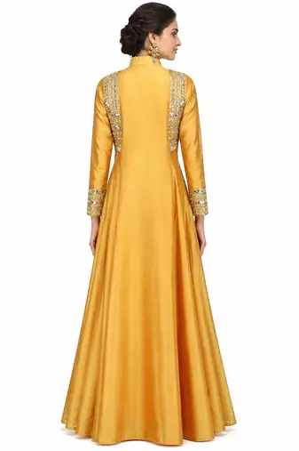 Mustard silk full sleeve embroidered gown