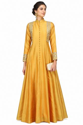 Mustard silk full sleeve embroidered gown