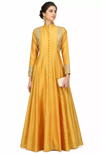 Mustard silk full sleeve embroidered gown