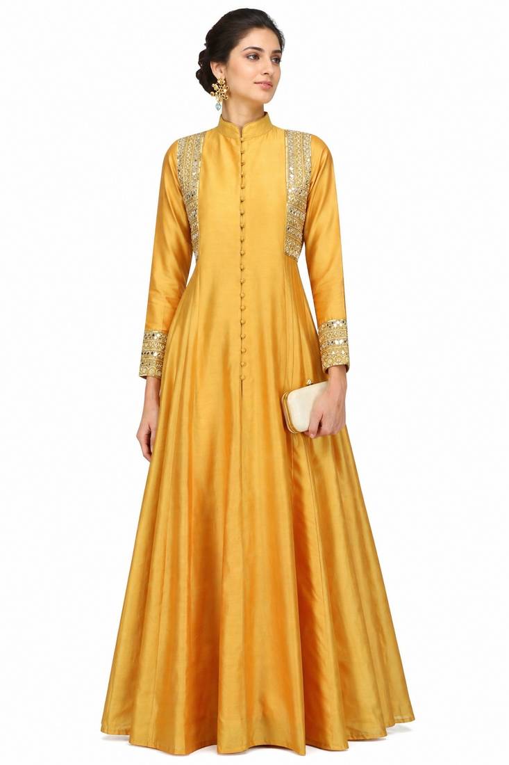 Mustard silk full sleeve embroidered gown