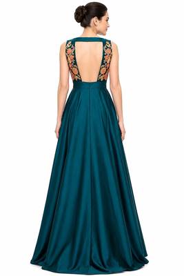 Teal blue tafta silk sleevless embroidered gown 2