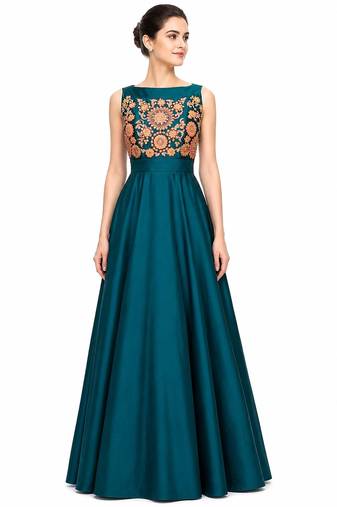Teal blue tafta silk sleevless embroidered gown