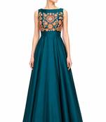 Teal blue tafta silk sleevless embroidered gown