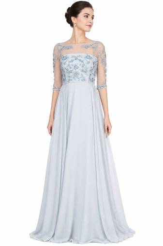Powder blue georgette half sleeve embroidered gown