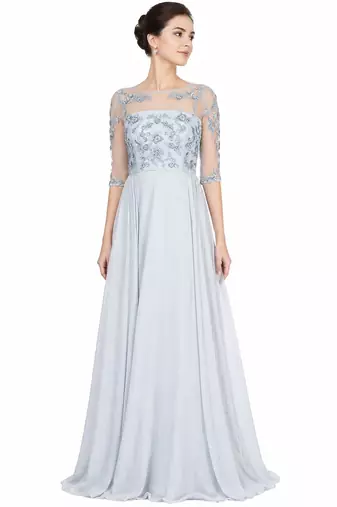 Powder blue georgette half sleeve embroidered gown