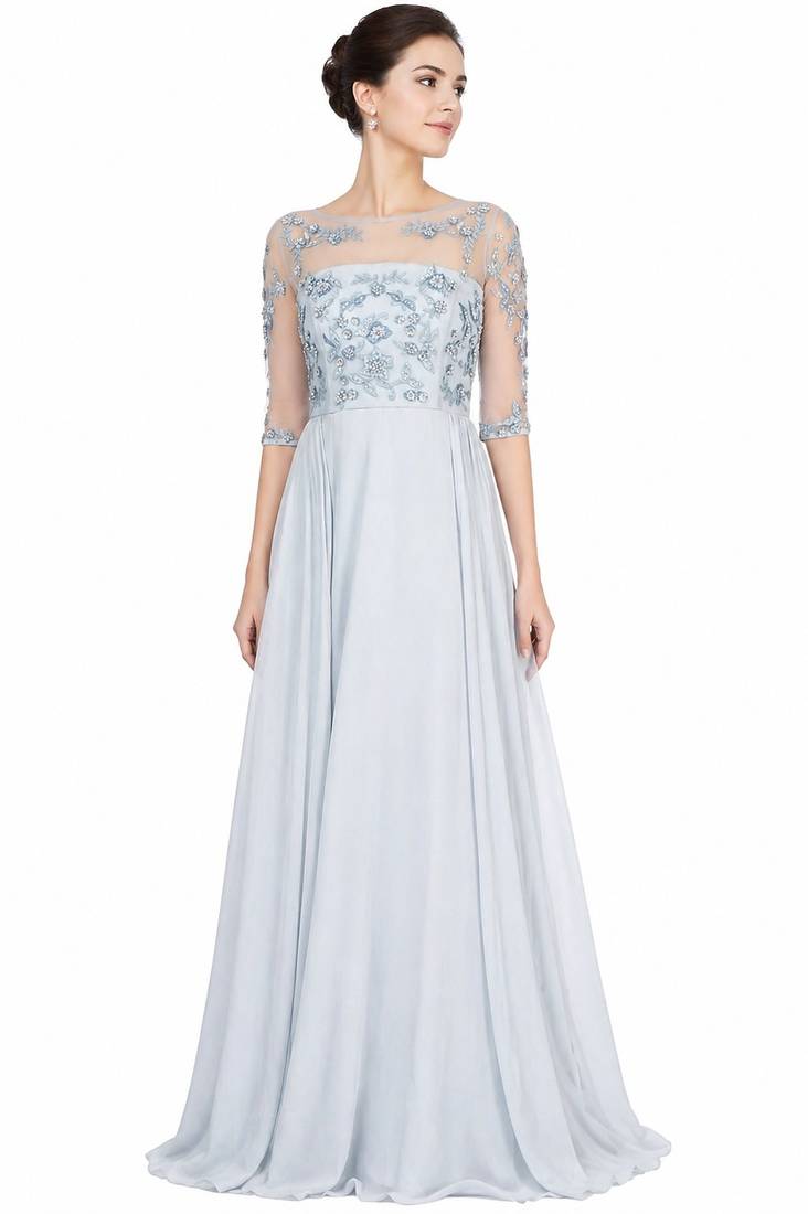 Powder blue georgette half sleeve embroidered gown