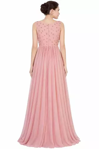 Pink georgette sleevless embroidered gown