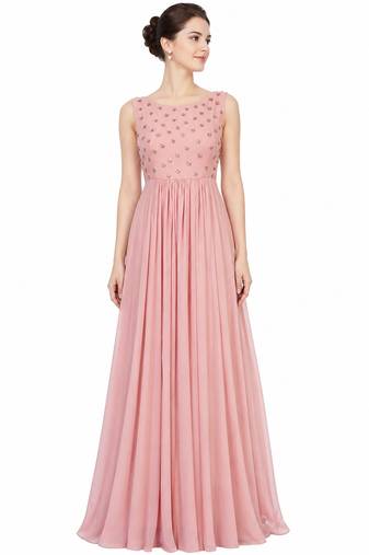 Pink georgette sleevless embroidered gown