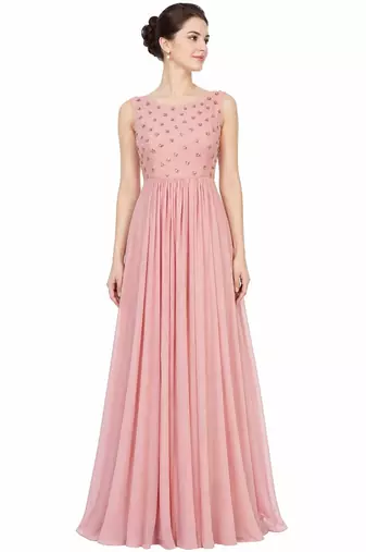 Pink georgette sleevless embroidered gown