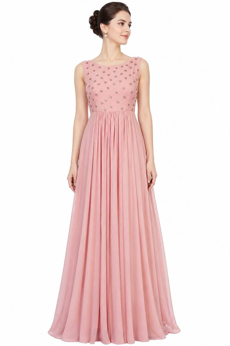 Pink georgette sleevless embroidered gown