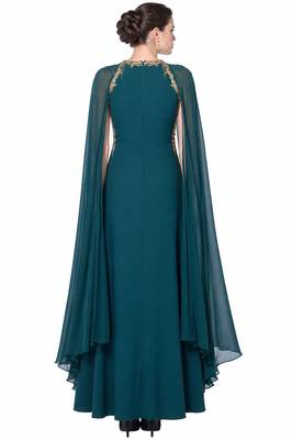Teal georgette cape sleeve embroidered gown 2
