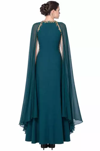 Teal georgette cape sleeve embroidered gown