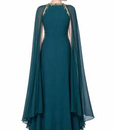 Teal georgette cape sleeve embroidered gown