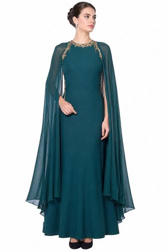 Teal georgette cape sleeve embroidered gown