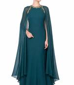 Teal georgette cape sleeve embroidered gown