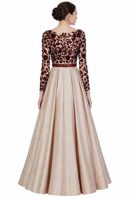 Beige silk full sleeve embroidered gown 2
