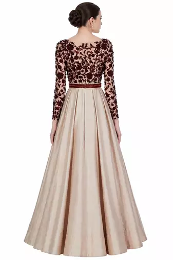 Beige silk full sleeve embroidered gown