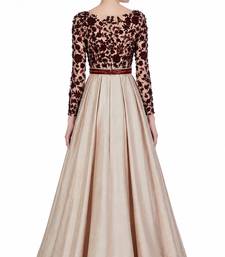 Beige silk full sleeve embroidered gown