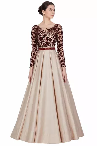 Beige silk full sleeve embroidered gown