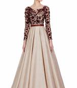 Beige silk full sleeve embroidered gown