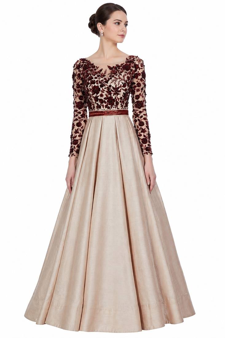 Beige silk full sleeve embroidered gown